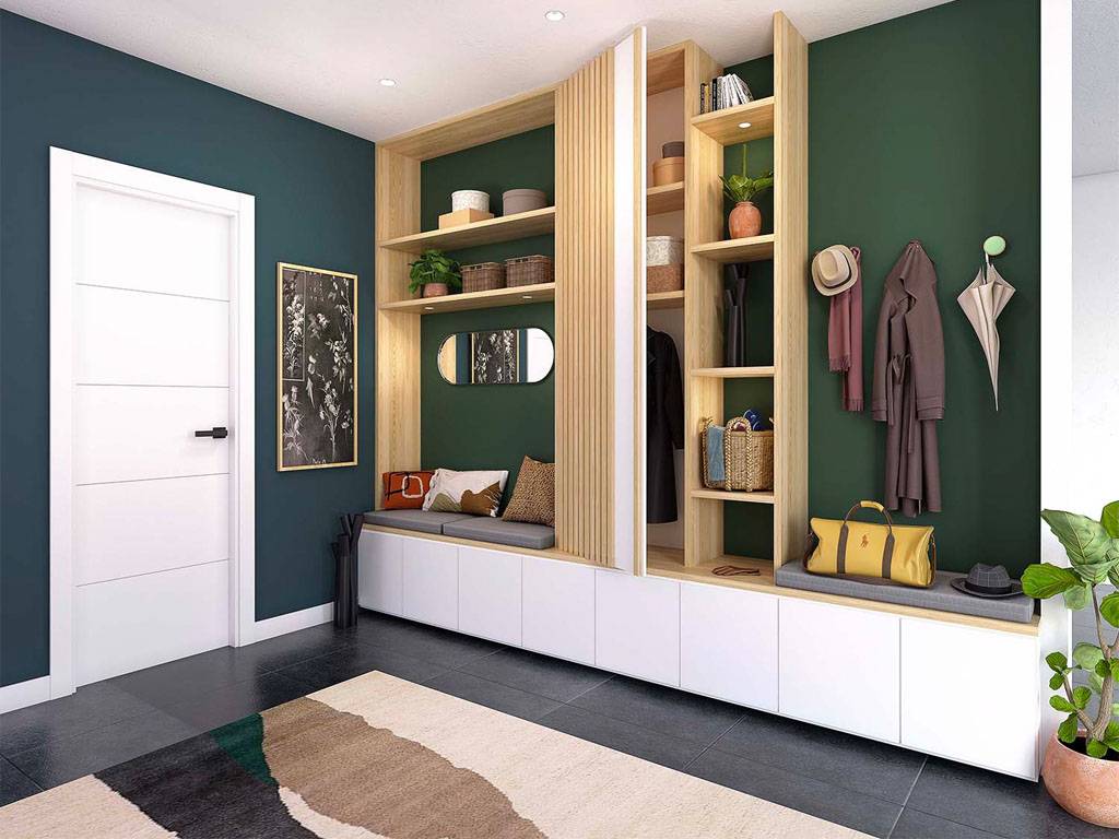 Meuble d'entrée avec banc et bibliothèque