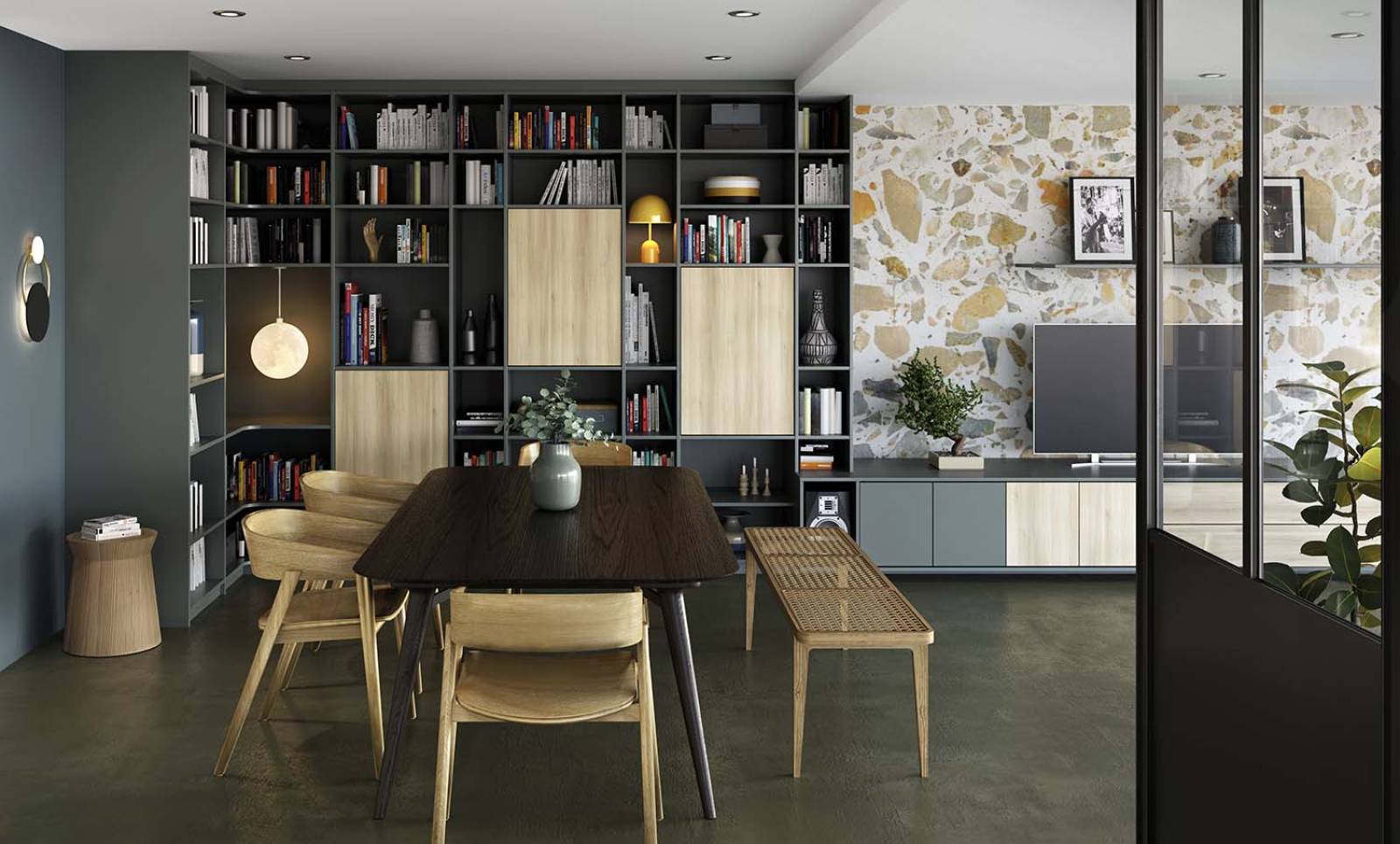 Bibliothèque d'angle et meuble télé sur mesure dans un salon salon salle à manger à La Crau.