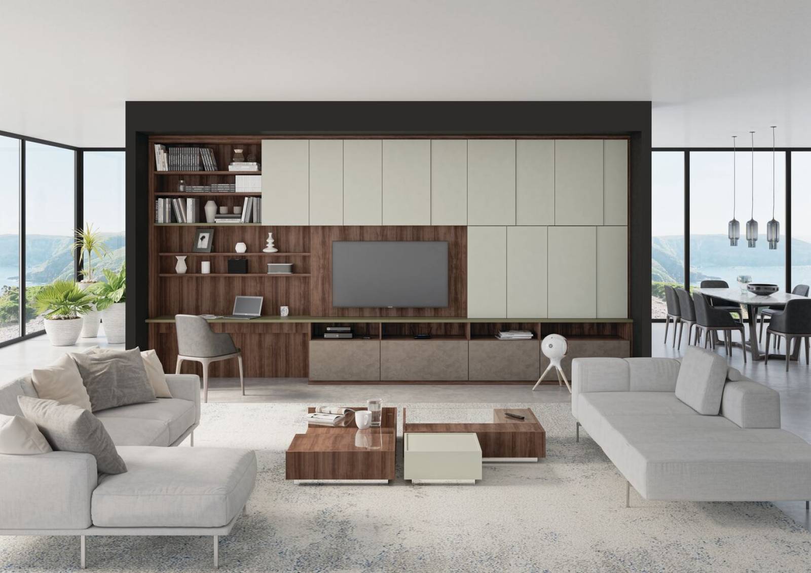 Meuble de séparation design dans un grand séjour : bibliothèque, placards, bureau et meuble télé intégrés Cavalaire sur Mer.