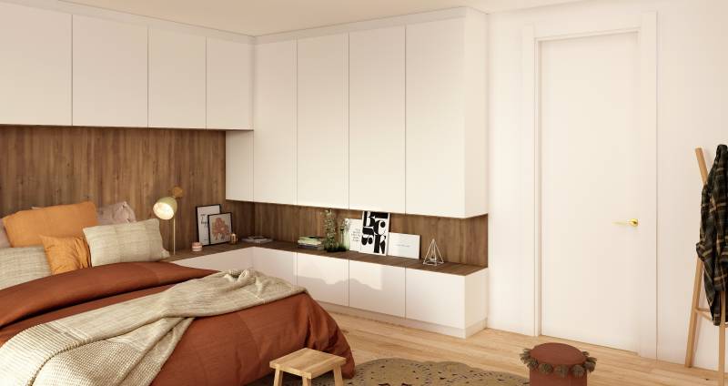 Tête de lit bois et blanc, avec rangements sur mesure au Lavandou.