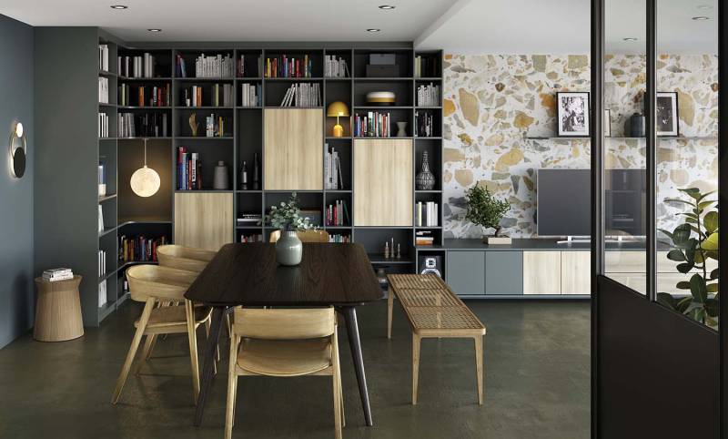Bibliothèque d'angle et meuble télé sur mesure dans un salon salon salle à manger à La Crau.