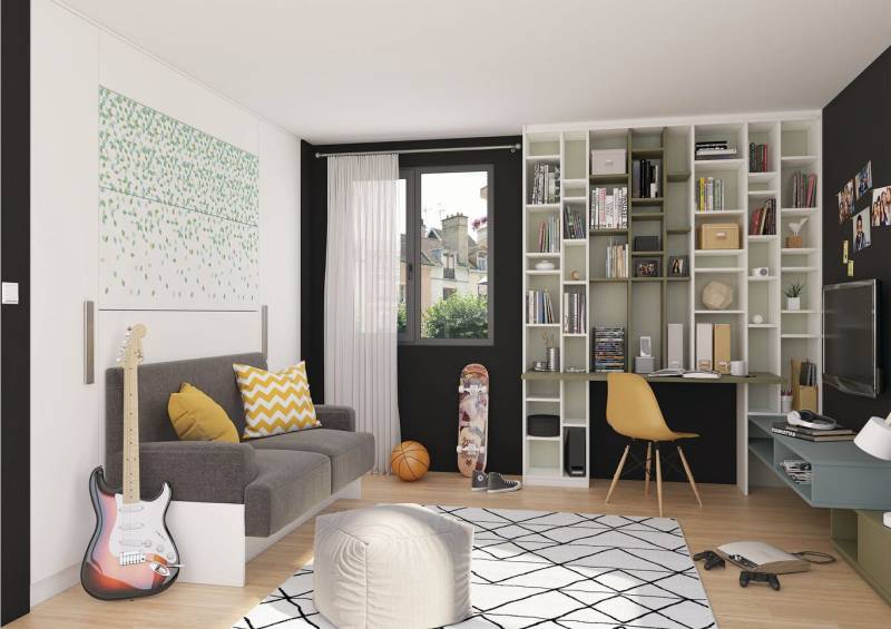 Salle de jeux aménagée en chambre d'amis avec lit escamotable et bureau sur mesure à Toulon 83000.